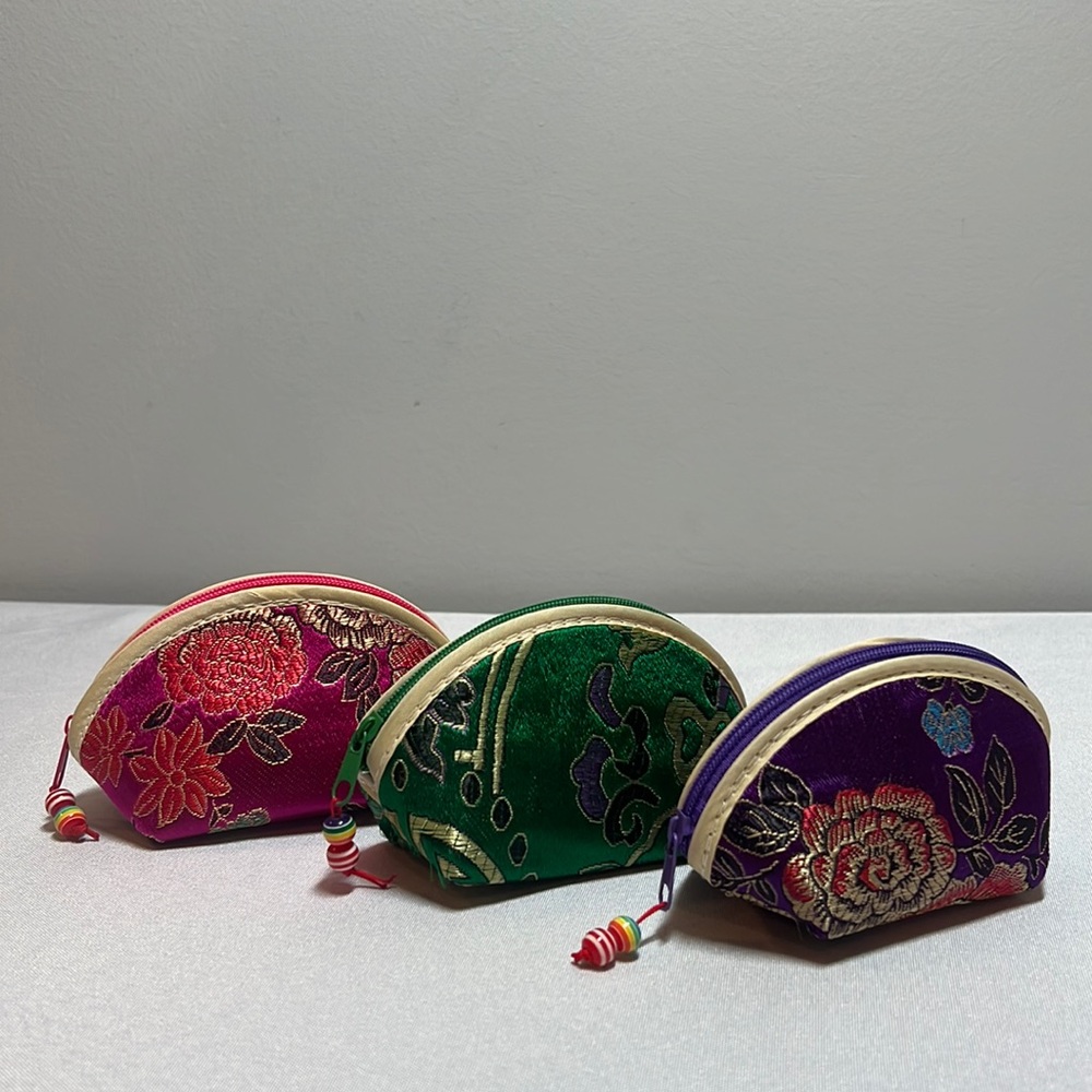 NEW Embroidered Zipper Coin Purse / Jewelry Bag Pack of 3